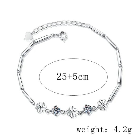 Elegant Sterling Silver Four Leaf Clover Bracelet with Moissanite & Zircon Inlay - Picture 8 of 8
